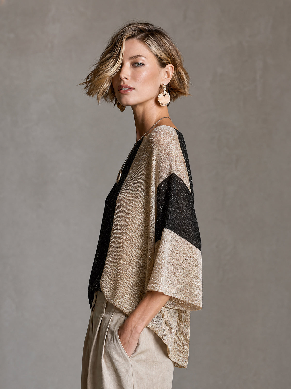 Chict Gold Black-Beige Colorblock Boat Neck Three Quarter Sleeve Loose-Fit Knit Sweater Top