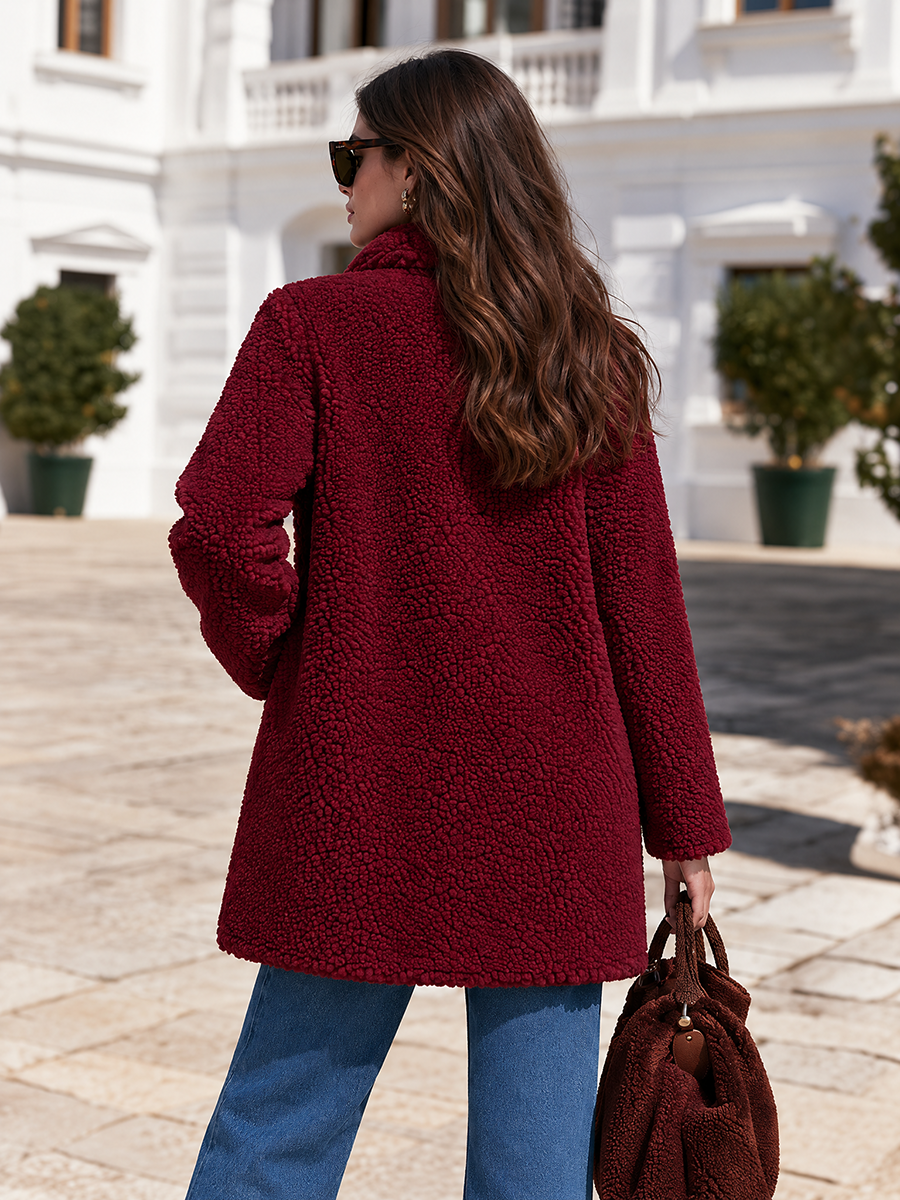 Wine Red Stand Collar Double-Breasted Gold Dome Button Side Pocket Faux Plush Teddy Sherpa Fleece Coat