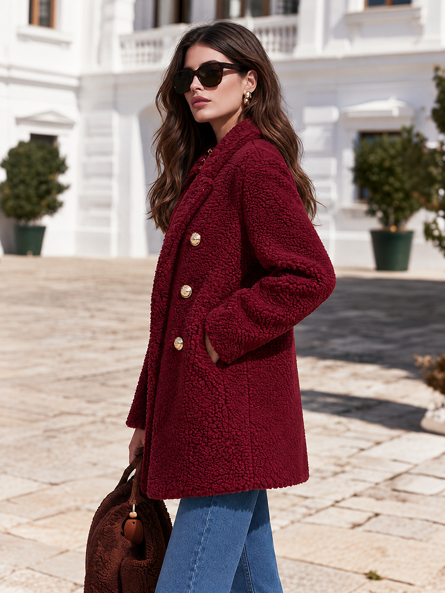 Wine Red Stand Collar Double-Breasted Gold Dome Button Side Pocket Faux Plush Teddy Sherpa Fleece Coat