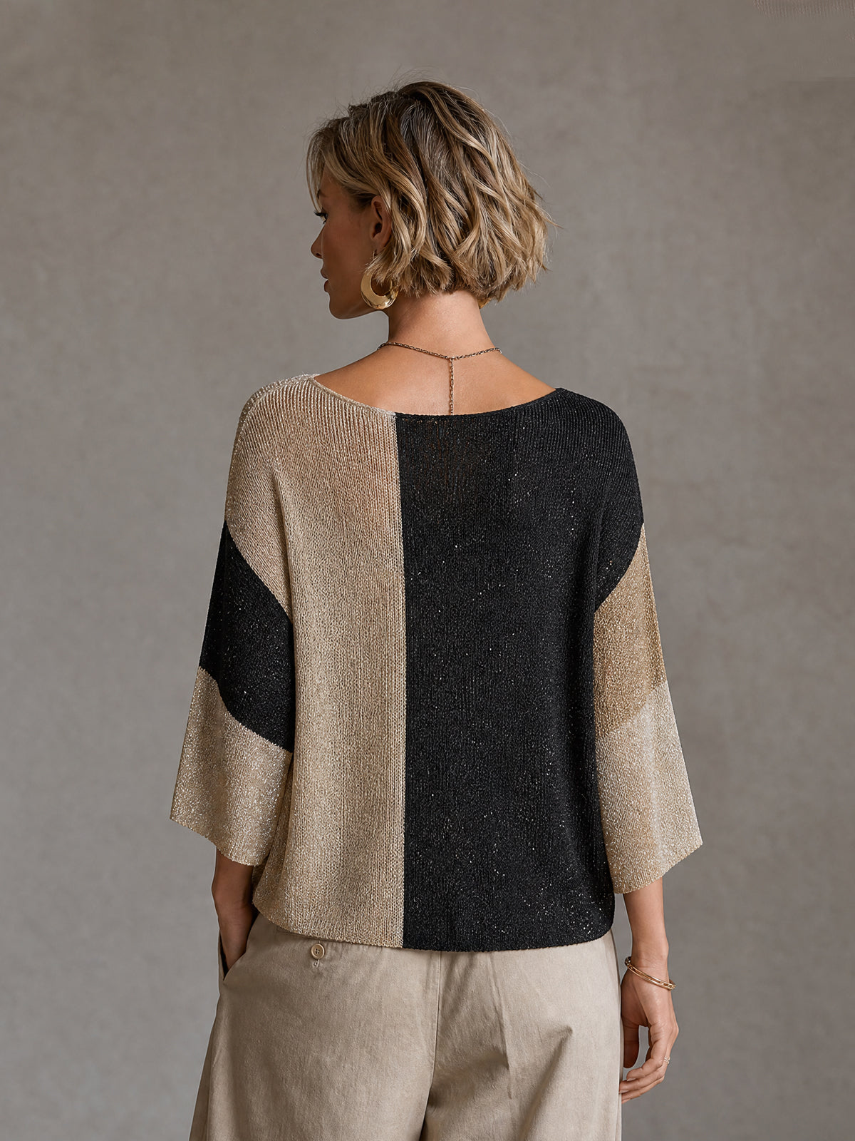 Chict Gold Black-Beige Colorblock Boat Neck Three Quarter Sleeve Loose-Fit Knit Sweater Top