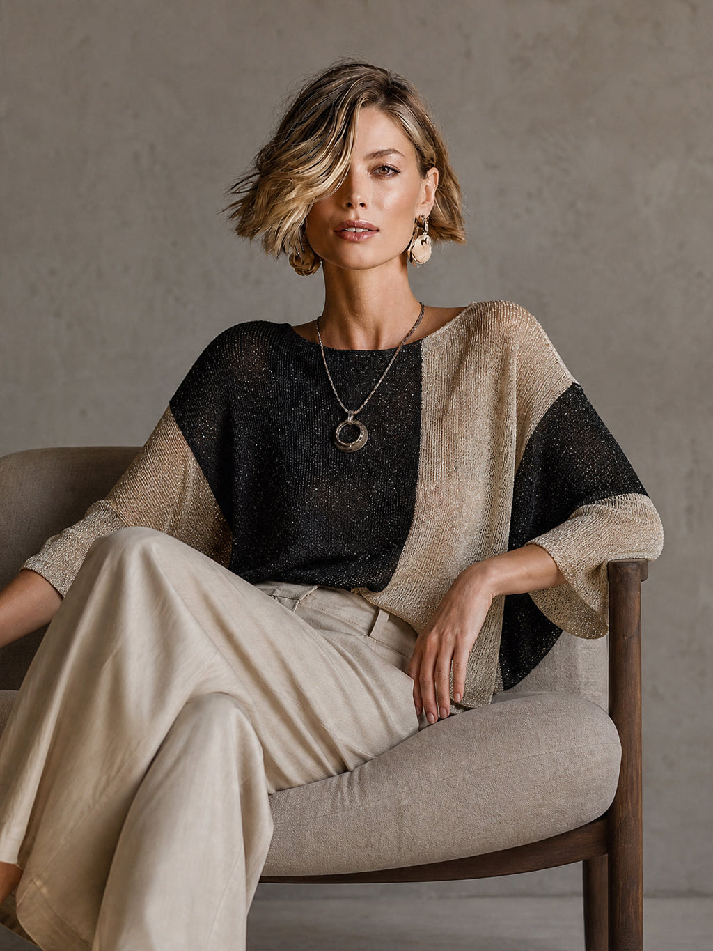 Chict Gold Black-Beige Colorblock Boat Neck Three Quarter Sleeve Loose-Fit Knit Sweater Top