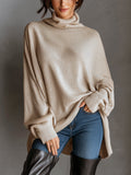 Chic Casual Beige Turtleneck Oversized Batwing Sleeve Irregular Hem Knit Sweater Top