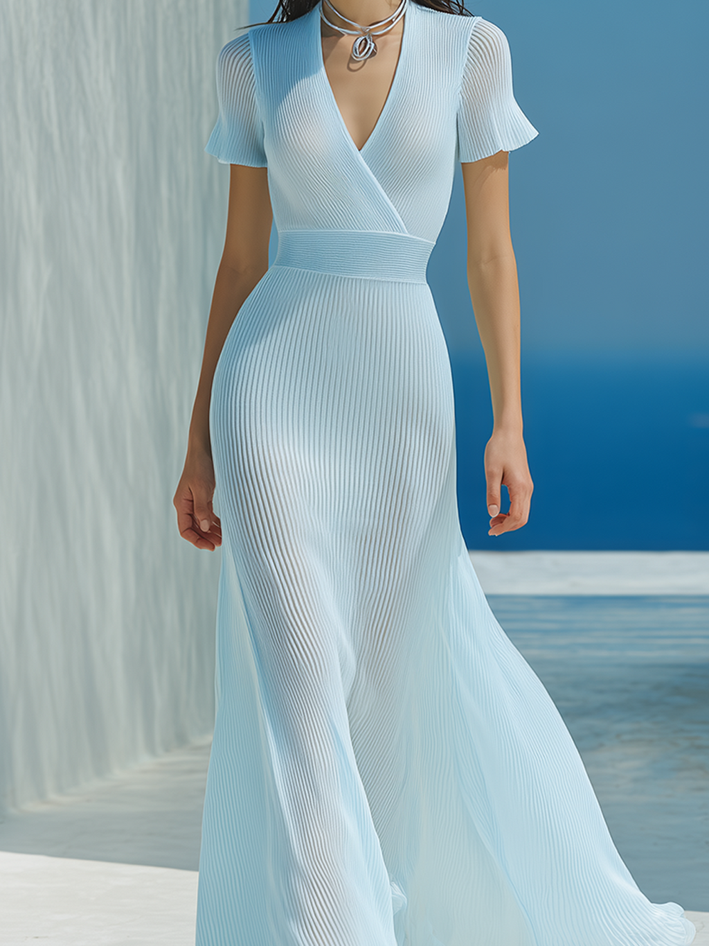 Stylish Elegant Light-Blue V-Neck Short-Sleeve Slim-Fit Tailored-Waist A-Line Ribbed Knit Maxi Dress