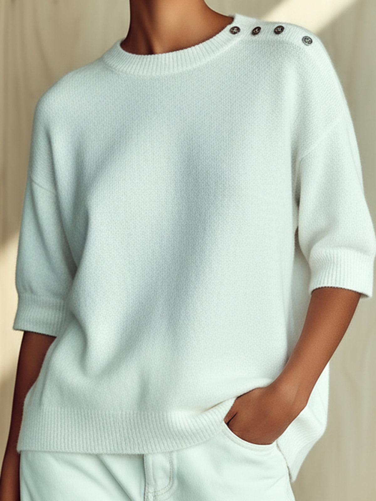 Chic Casual White Round Neck Button Details Short Sleeve Oversize Knit Sweater Top
