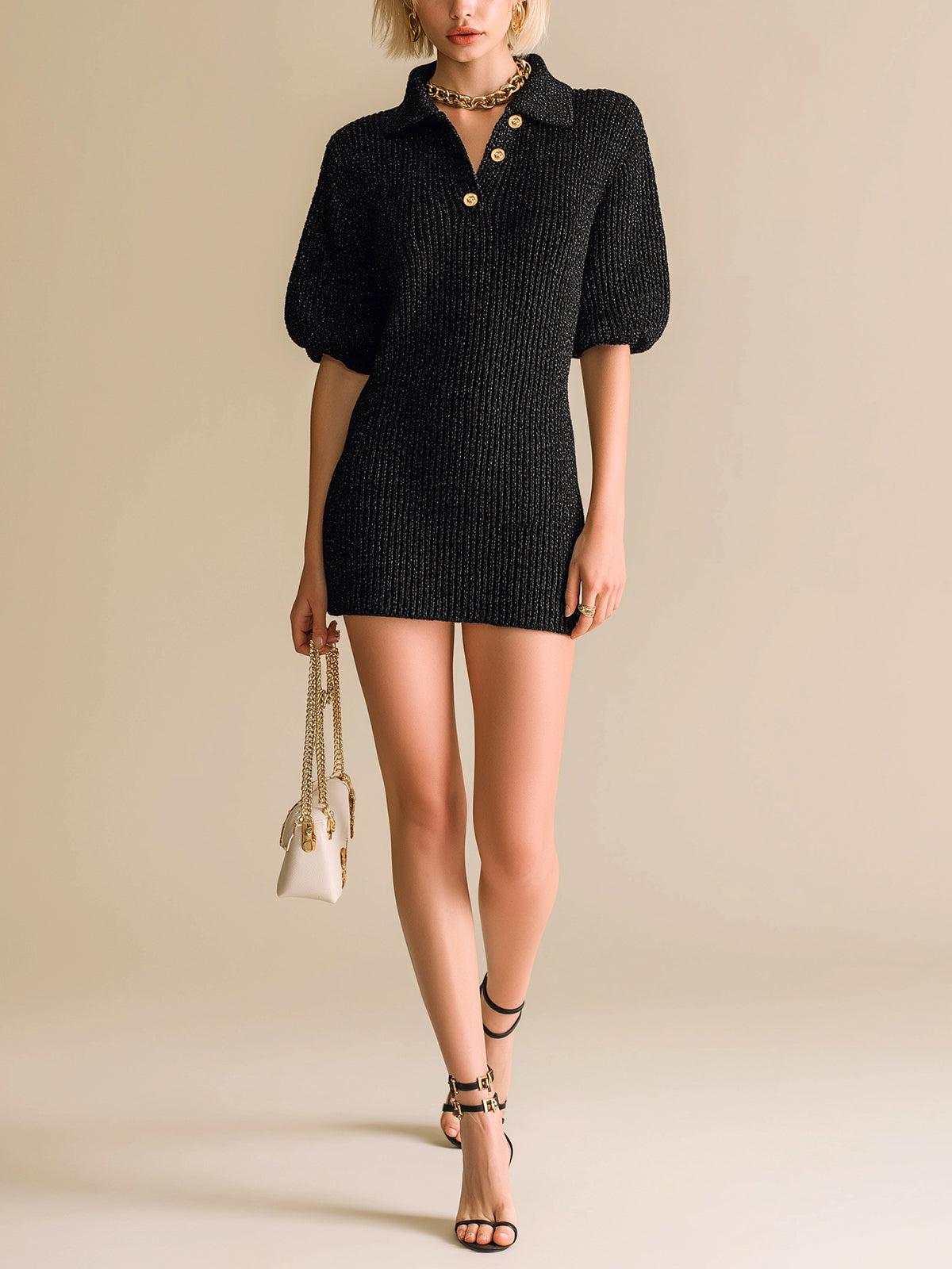 Chic Vintage Black Button-Up Lapel Collar Short-Sleeve Loose-Fit Knit Mini Dress