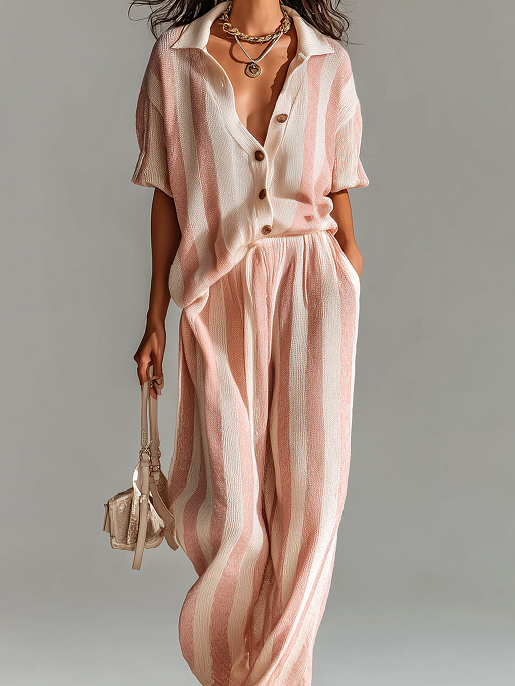Chic Casual Pink-Beige Stripes Lapel Single-Breasted Short-Sleeve Top Wide-Leg Pants Ribbed Knit Two-Piece Set