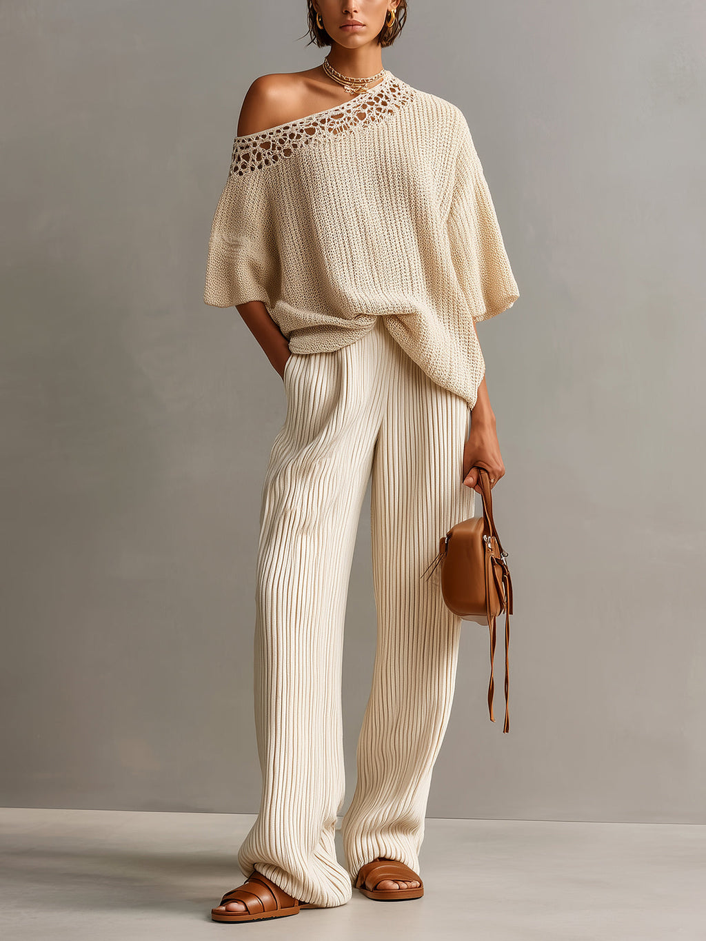 Chic Elegant Beige One Shoulder Short-Sleeve Lace Details Loose-Fit Sweater Wide-Leg Pants Ribbed Knit Two-Piece Set