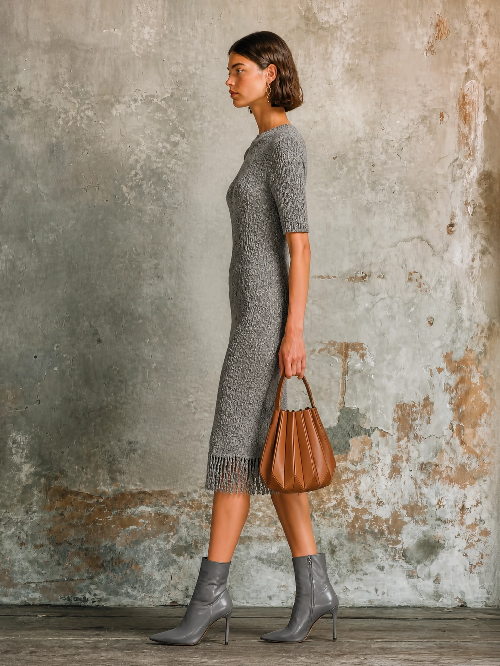 Chic Elegant Heather Grey Round-Neck Short-Sleeve Fringe Hem Slim-Fit Knit Midi Dress