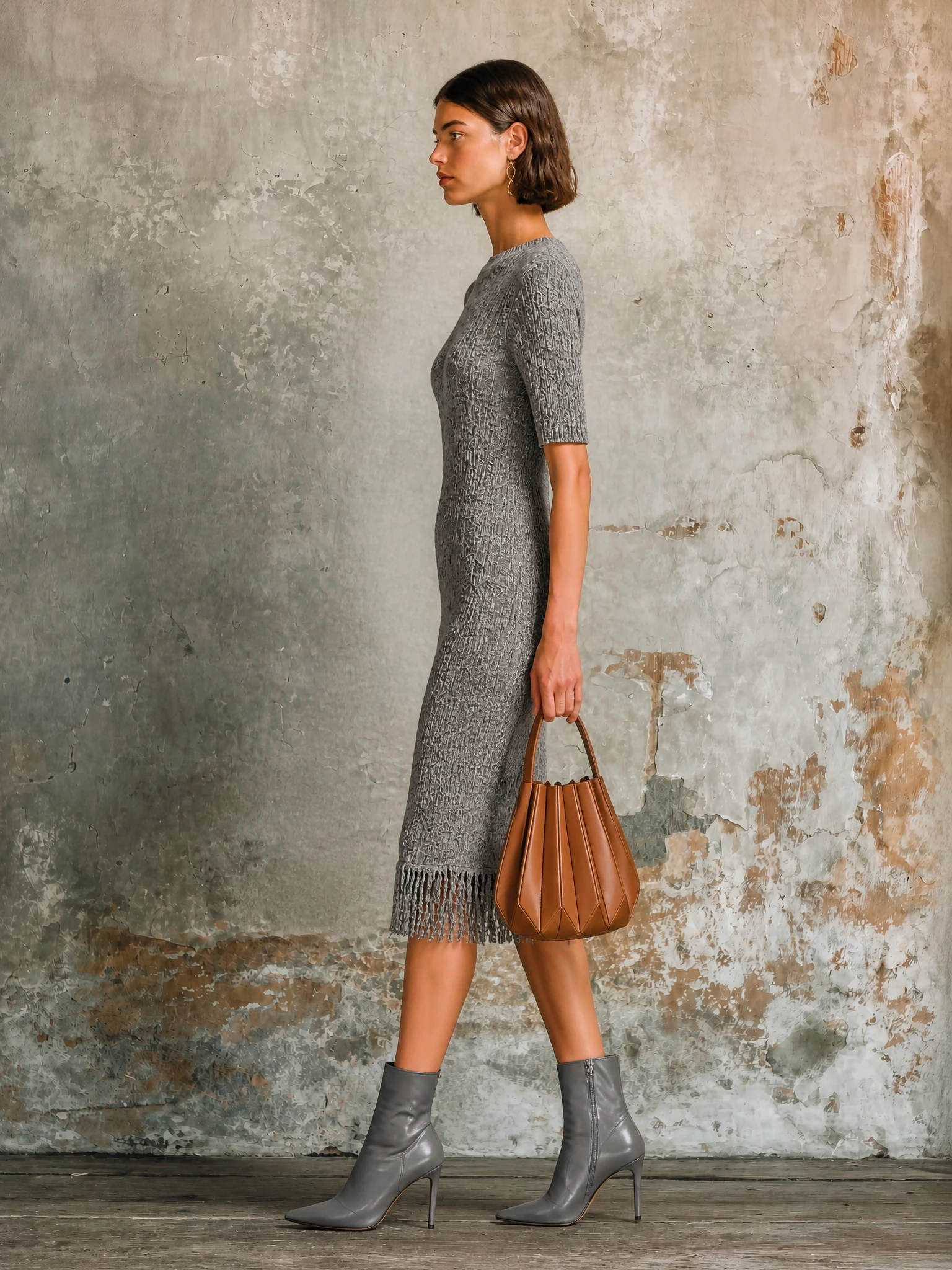 Chic Elegant Heather Grey Round-Neck Short-Sleeve Fringe Hem Slim-Fit Knit Midi Dress