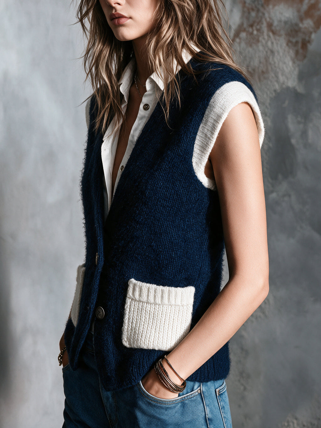 Chic Elegant Navy Blue-White Colorblock V-Neck Sleeveless Single-Breasted Patch Pockets Wool Blend Knit Vest