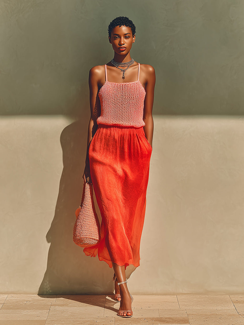 Chic Elegant Pink Square Neck Sleeveless Knit Camisole Red Elastic Waist Satin Midi Skirt Two-Piece Set