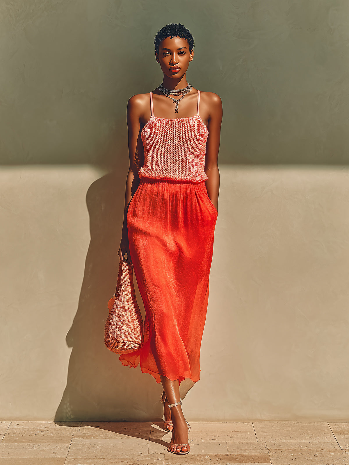 Chic Elegant Pink Square Neck Sleeveless Knit Camisole Red Elastic Waist Satin Midi Skirt Two-Piece Set