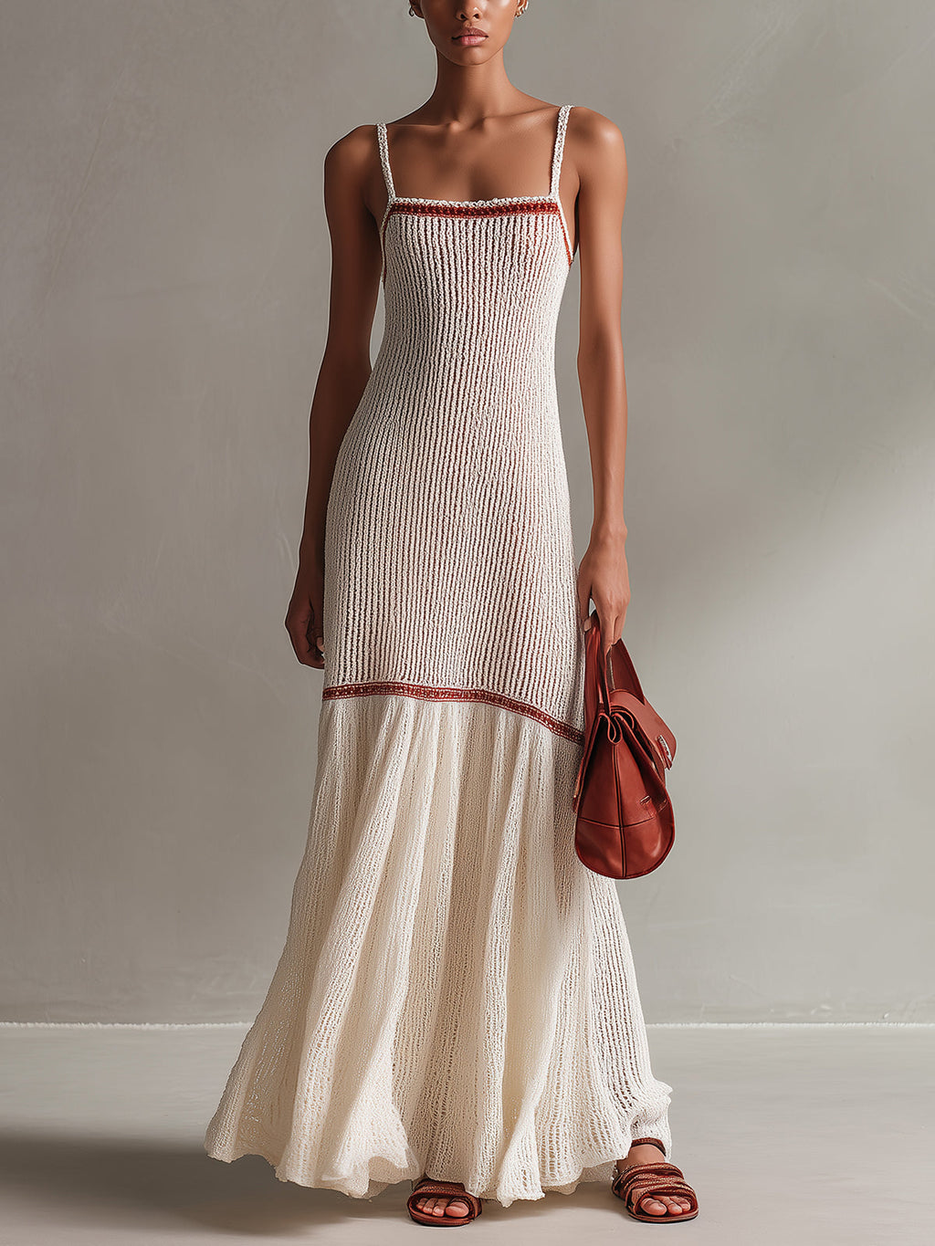 Chic Elegant Cream White Spaghetti Straps Square Neck Sleeveless Slim-Fit Patchwork Hem Ribbed Knit Holiday Maxi Dress