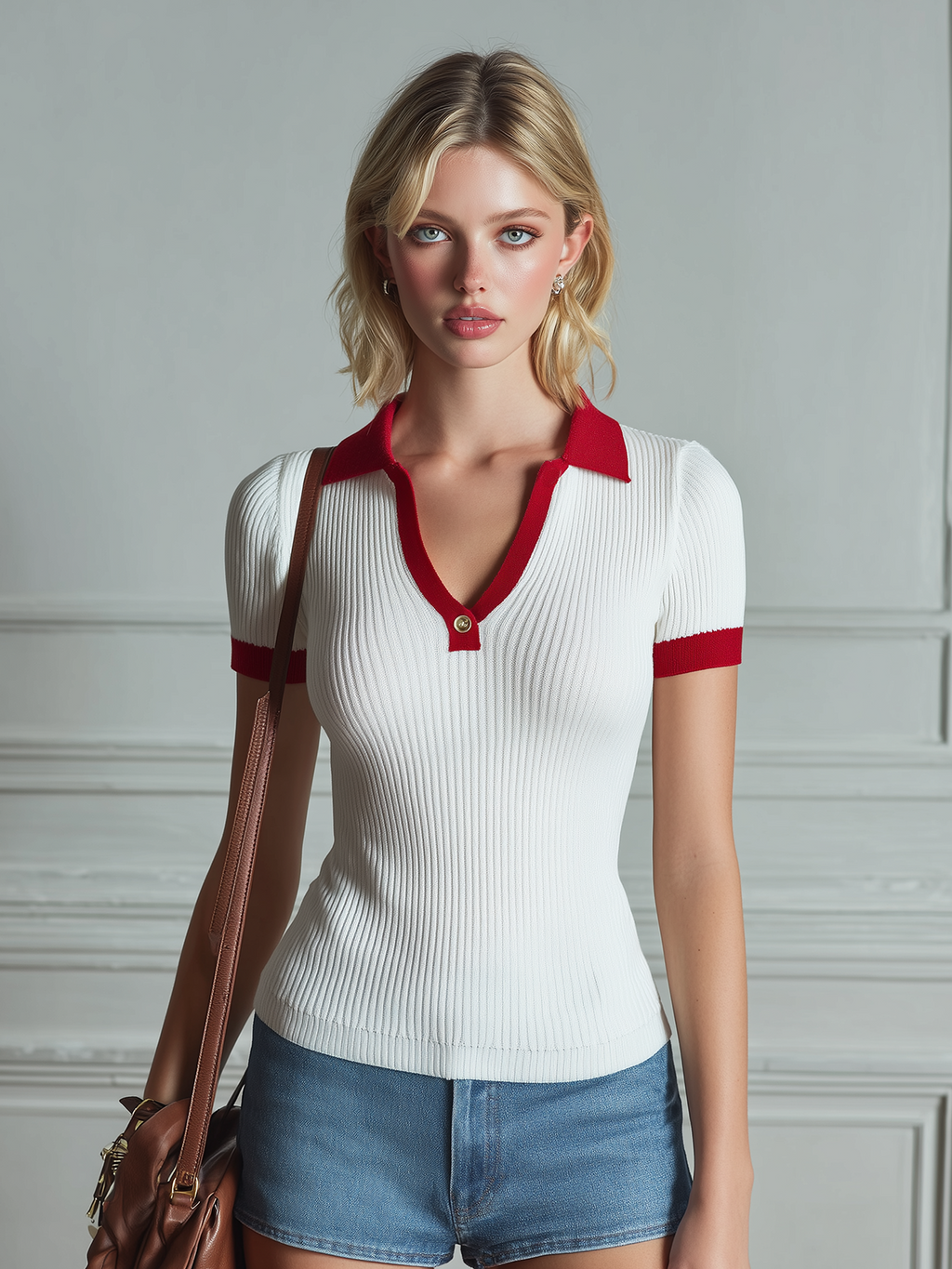 Chic Casual White Lapel V-Neck Botton Contrast Red Trim Tailored Waist Short Sleeved Knit Pullover Sweater