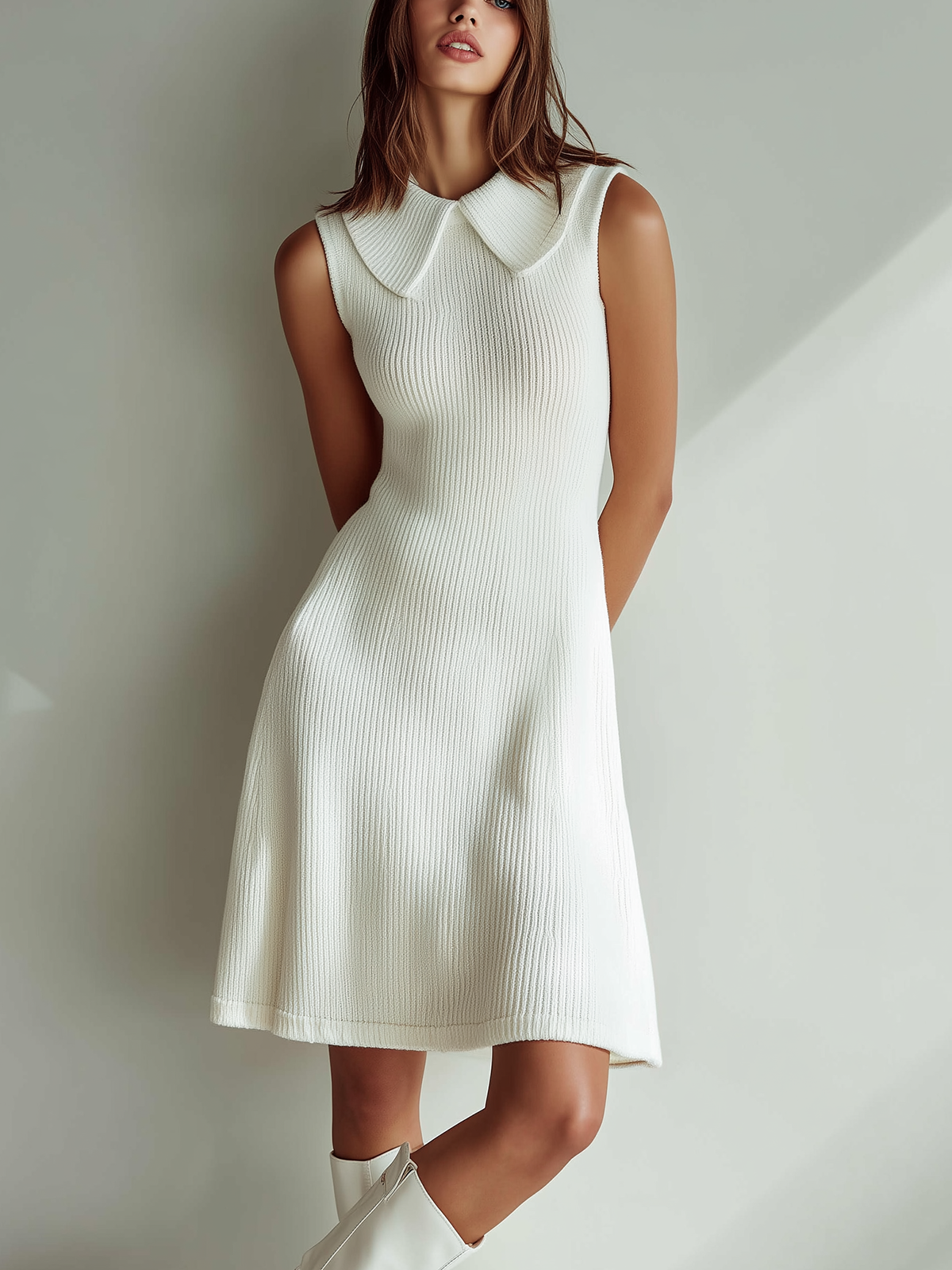 Chic Casual White Peter Pan Collar Sleeveless Slim Fit Knit Dress