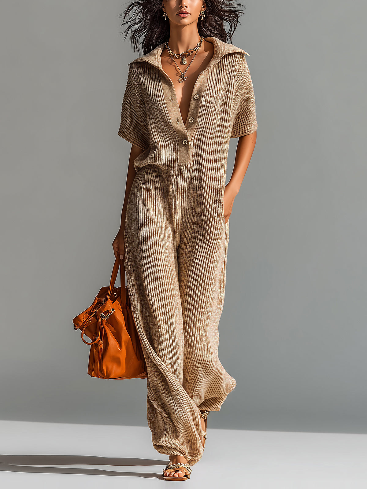 Chic Elegant Camel Lapel Button-Up V-Neck Short-Sleeve Loose-Fit Lantern Pants Ribbed Knit Jumpsuit