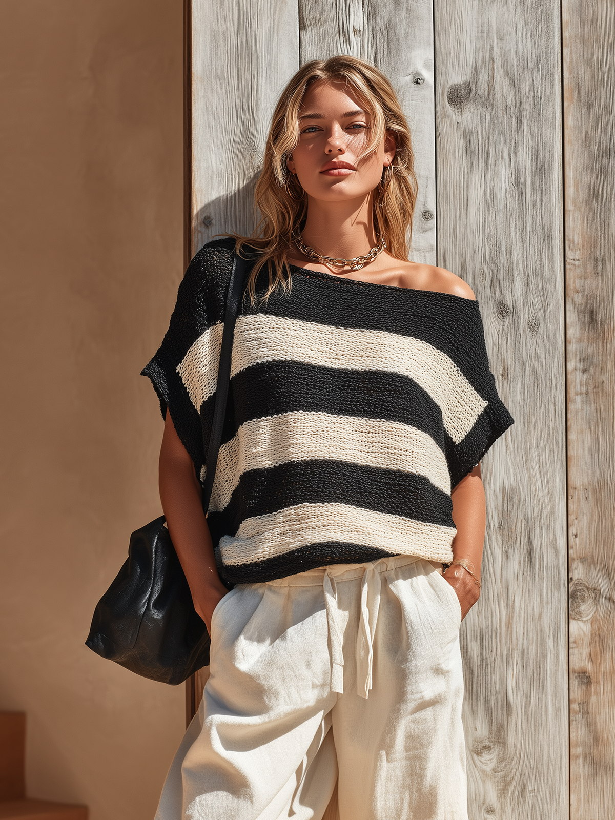 Chic Casual Black -White Striped Off-Shoulder Short-Sleeve Loose-Fit  Knit Sweater Top