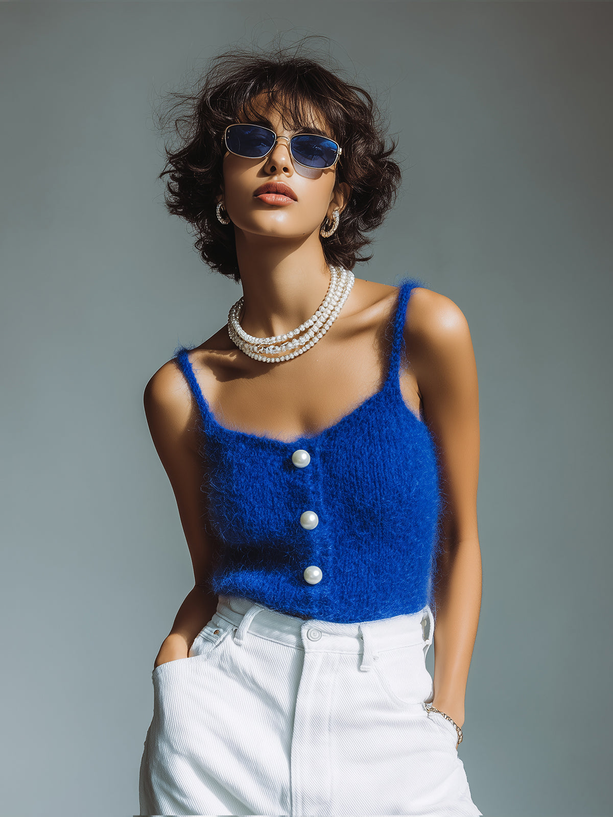 Chic Vintage Square Neck Pearl Button-Front Thin Strap Slim-Fit Knit Camisole