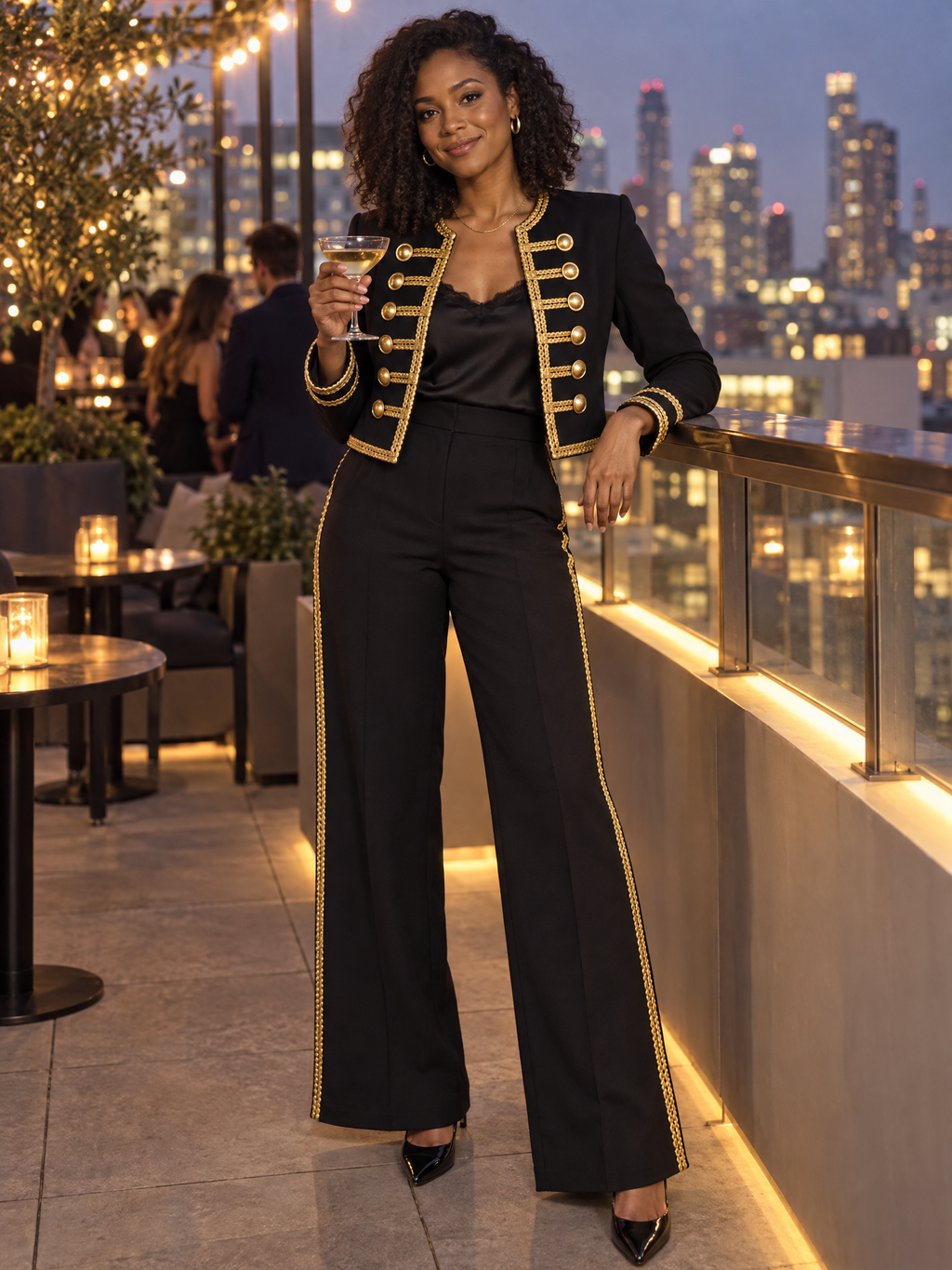 Cropped Military Blazer & High Waist Wide Leg Pants Suit