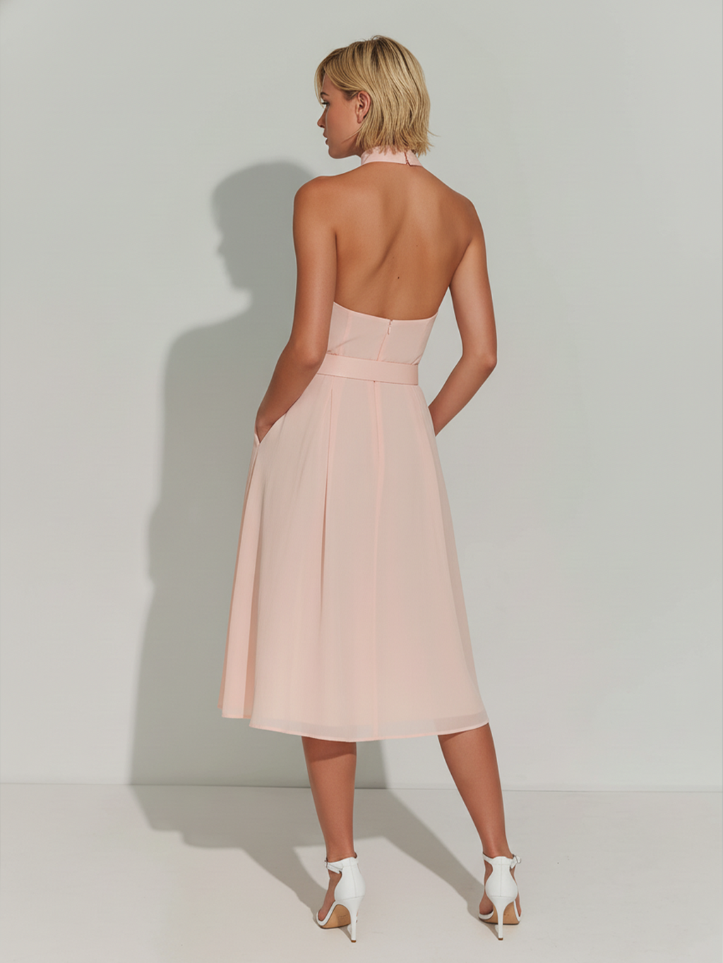 Stylish Elegant Pink Stand Collar Sleeveless Belt Loose Midi Dress