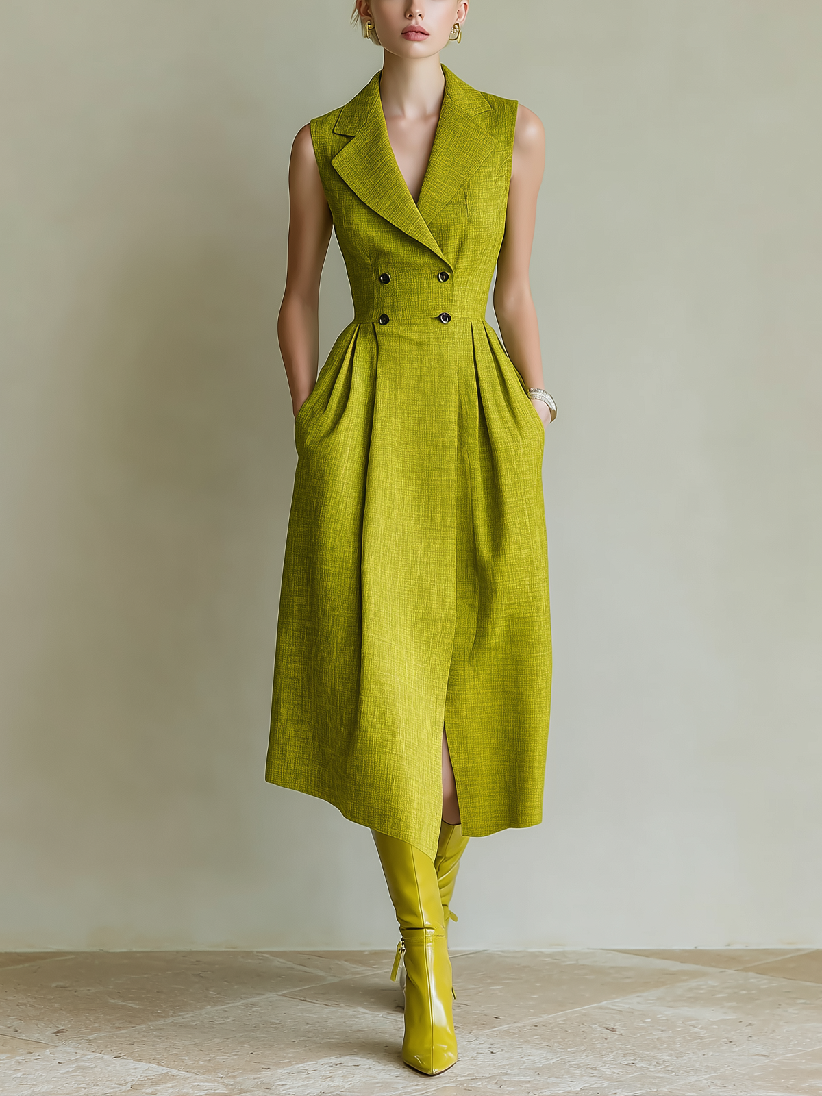 Chic Vintage Green Cotton-Linen Blend Notch Lapel Double-Breasted Sleeveless Loose Midi Shirt Dress