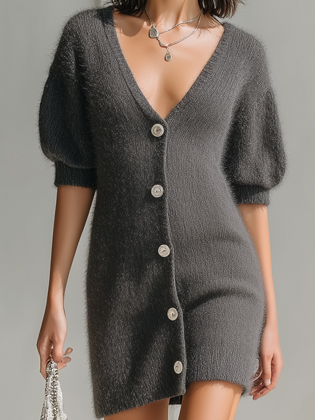 Chic Vintage Dark Grey V-Neck Single-Breasted Short Lantern Sleeve Fuzzy Knit Mini Dress