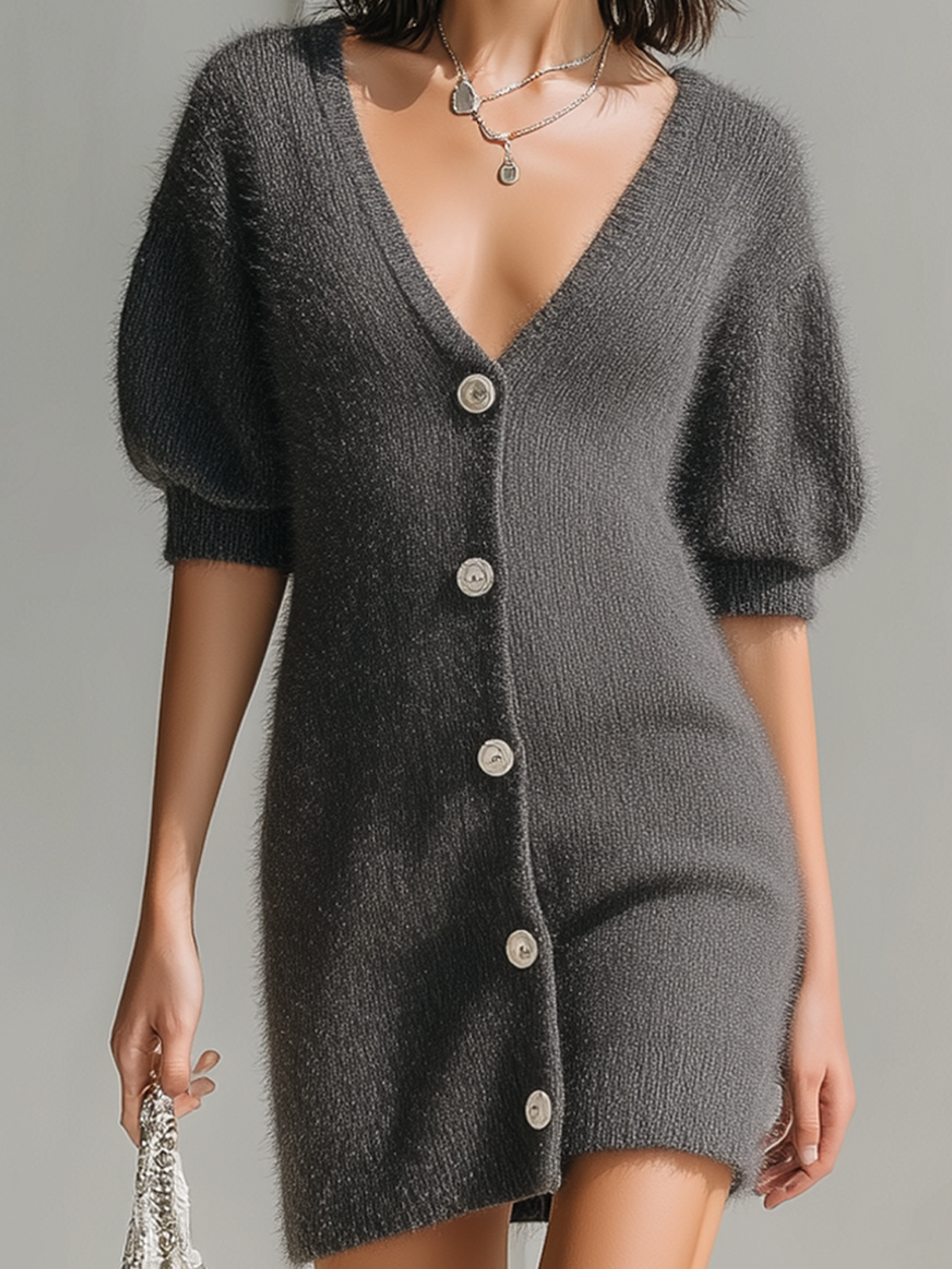 Chic Vintage Dark Grey V-Neck Single-Breasted Short Lantern Sleeve Fuzzy Knit Mini Dress