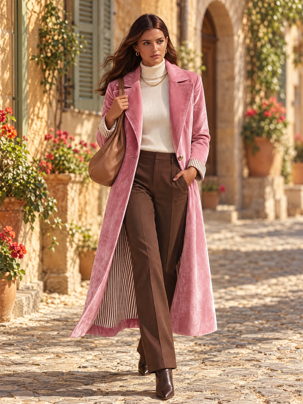 Retro Striped Lining Mid-length Velvet Coat