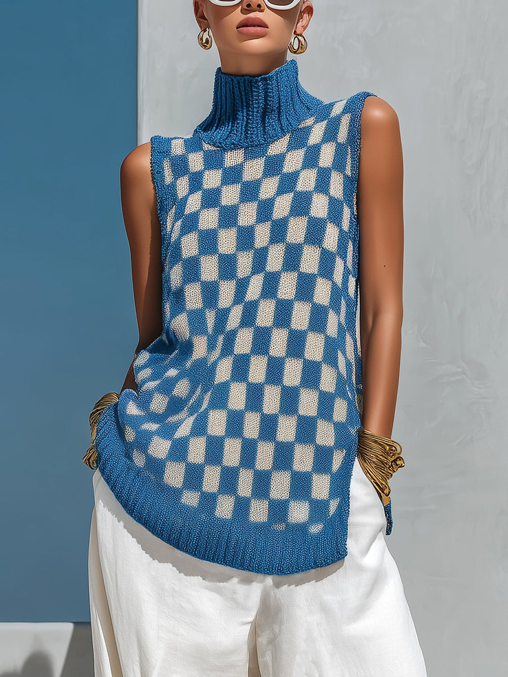 Chic Elegant Blue-Beige Checkboard Jacquard Mock Neck Sleeveless Loose-Fit Side-Slit Knit Vest Top