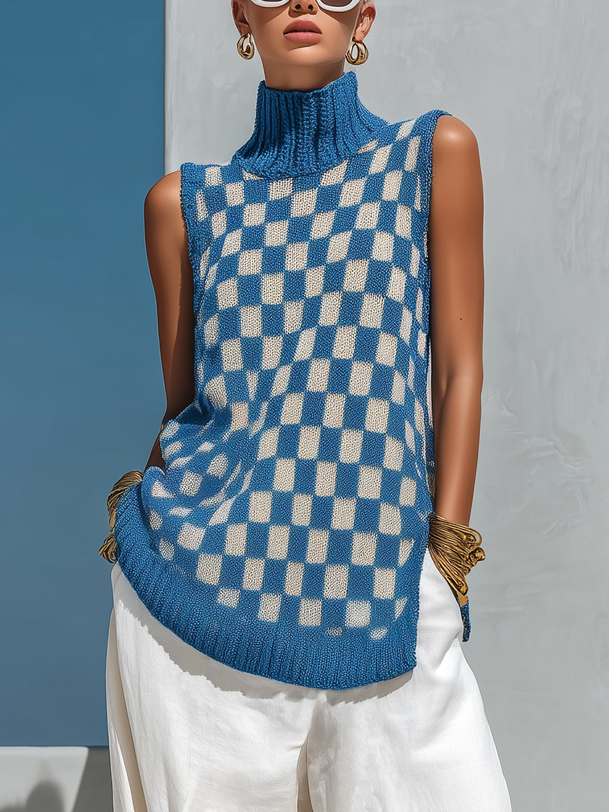 Chic Elegant Blue-Beige Checkboard Jacquard Mock Neck Sleeveless Loose-Fit Side-Slit Knit Vest Top