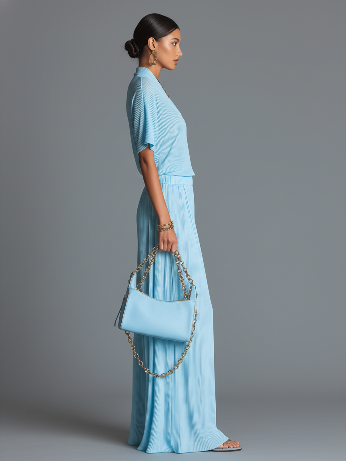 Chic Vintage Baby Blue V-Neck Short-Sleeve Loose Knit Tops Wide-Leg Pants Knit Two-Piece Set
