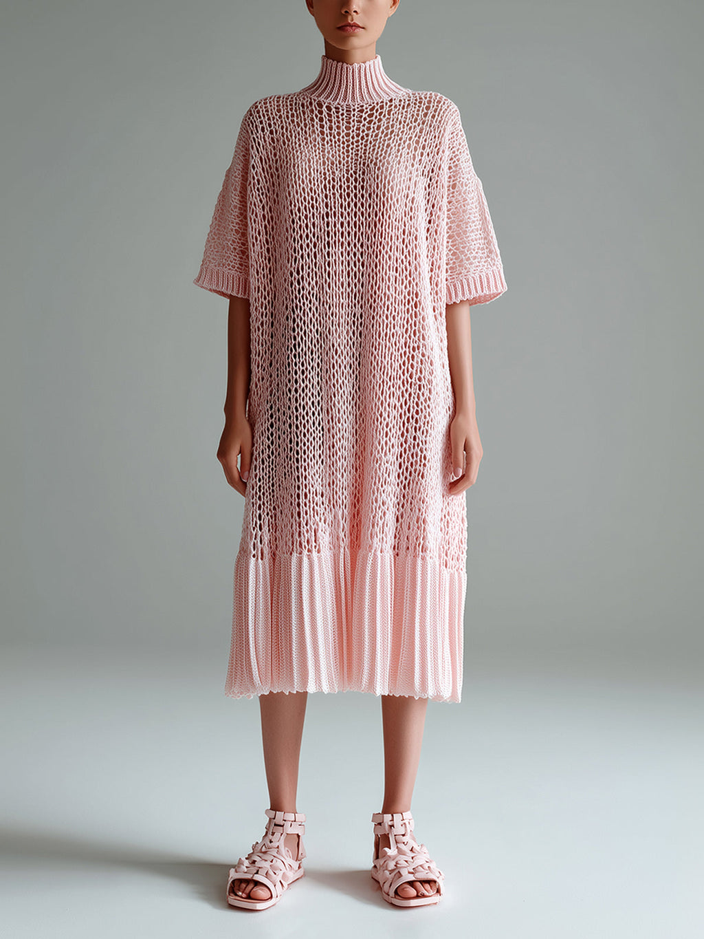Chic Elegant Pink Mock Neck Short-Sleeve Pleated Hem Loose-Fit Hollow-Out Knit Midi Dress