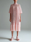 Chic Elegant Pink Mock Neck Short-Sleeve Pleated Hem Loose-Fit Hollow-Out Knit Midi Dress