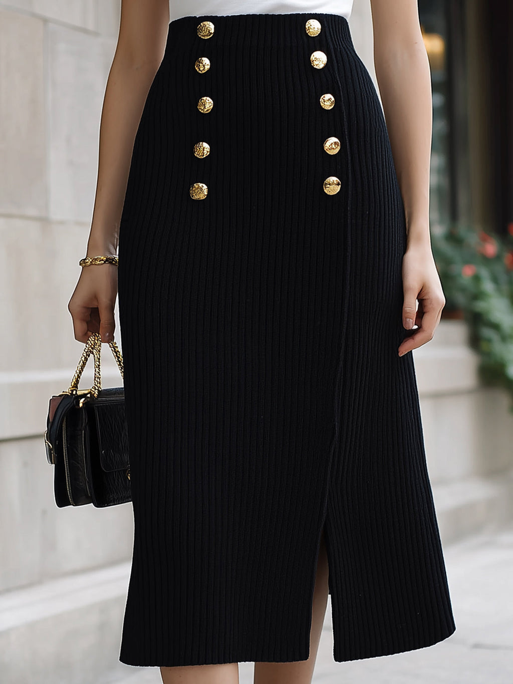 Chic Elegant Black High Waist Gold Button Details Slit A-Line Ribbed Knit Midi Skirt
