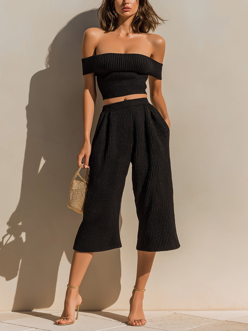 Chic Elegant Black Off-The-Shoulder Slim-Fit Cropped Top Wide-Leg Cropped Pants Ribbed Knit Two-Piece Set