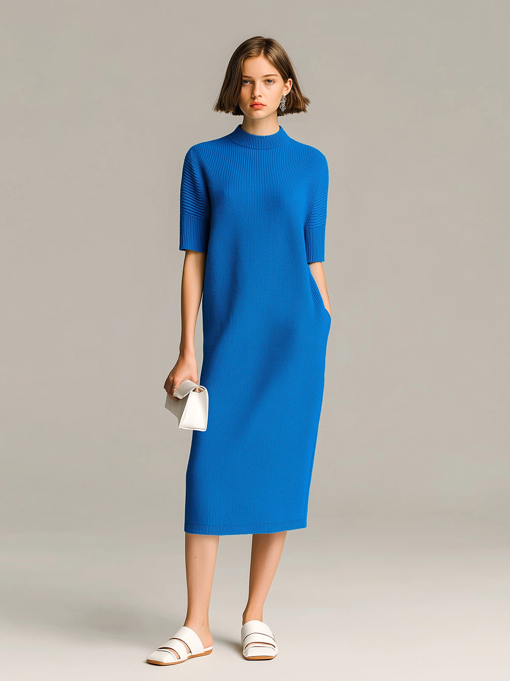 Chic Vintage Royal Blue Round Neck Short-Sleeve Loose-Fit Ribbed Knit Midi Dress