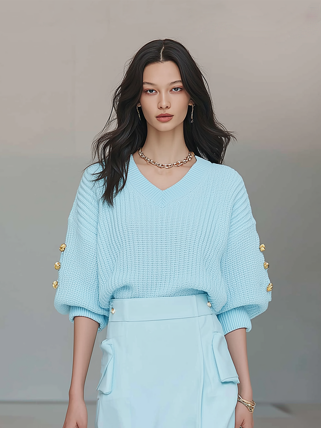 Chic Casual Blue V-Neck Short Sleeve Button Oversized Ribbed Knit Sweater