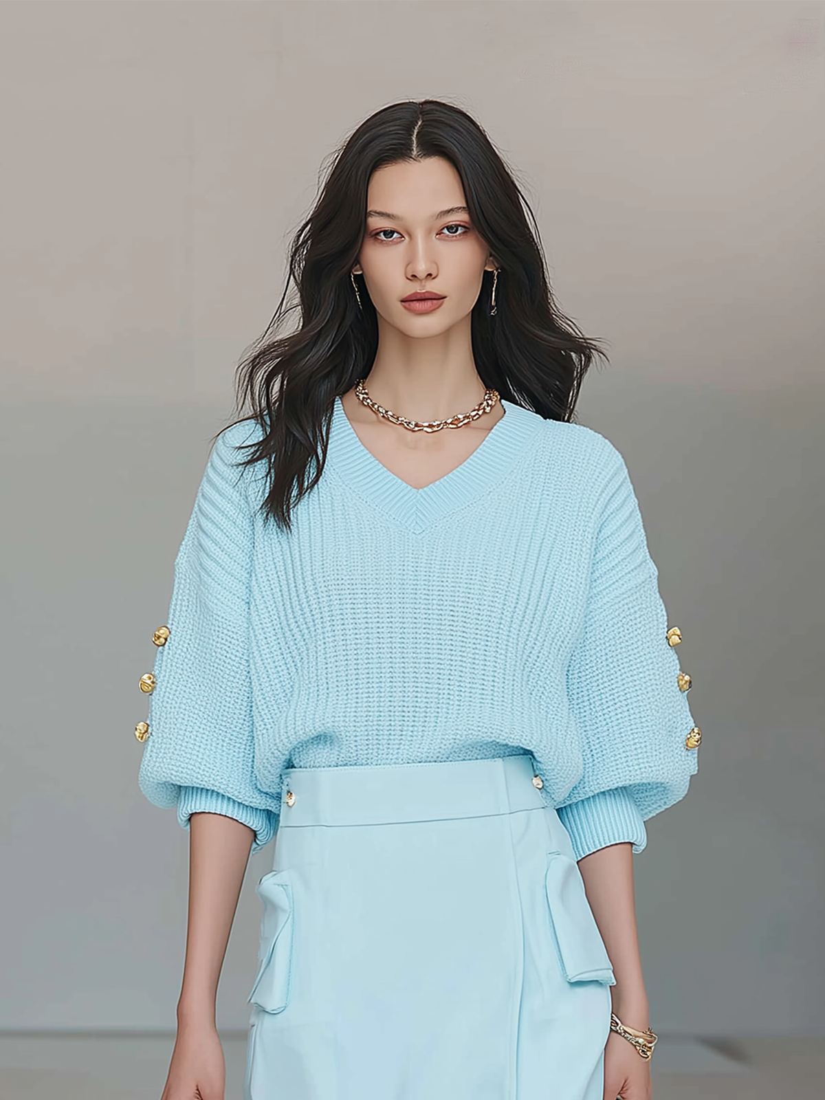 Chic Casual Blue V-Neck Short Sleeve Button Oversized Ribbed Knit Sweater