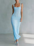 Chic Elegant Blue Square Neck Sleeveless Slim-Fit Hollow Ribbed Knit Holiday Maxi Dress