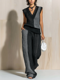 Chic Elegant Black-Gray Colorblock V-Neck Sleeveless Lace-Trim Loose Vest Wide-Leg Pants Knit Two-Piece Set
