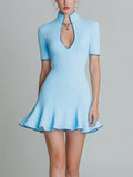 Chic Elegant Blue Stand Collar V-Neck Short-Sleeve Tailored Waist Flared Hem Contrast Trim Detail Ribbed Knit Mini Dress