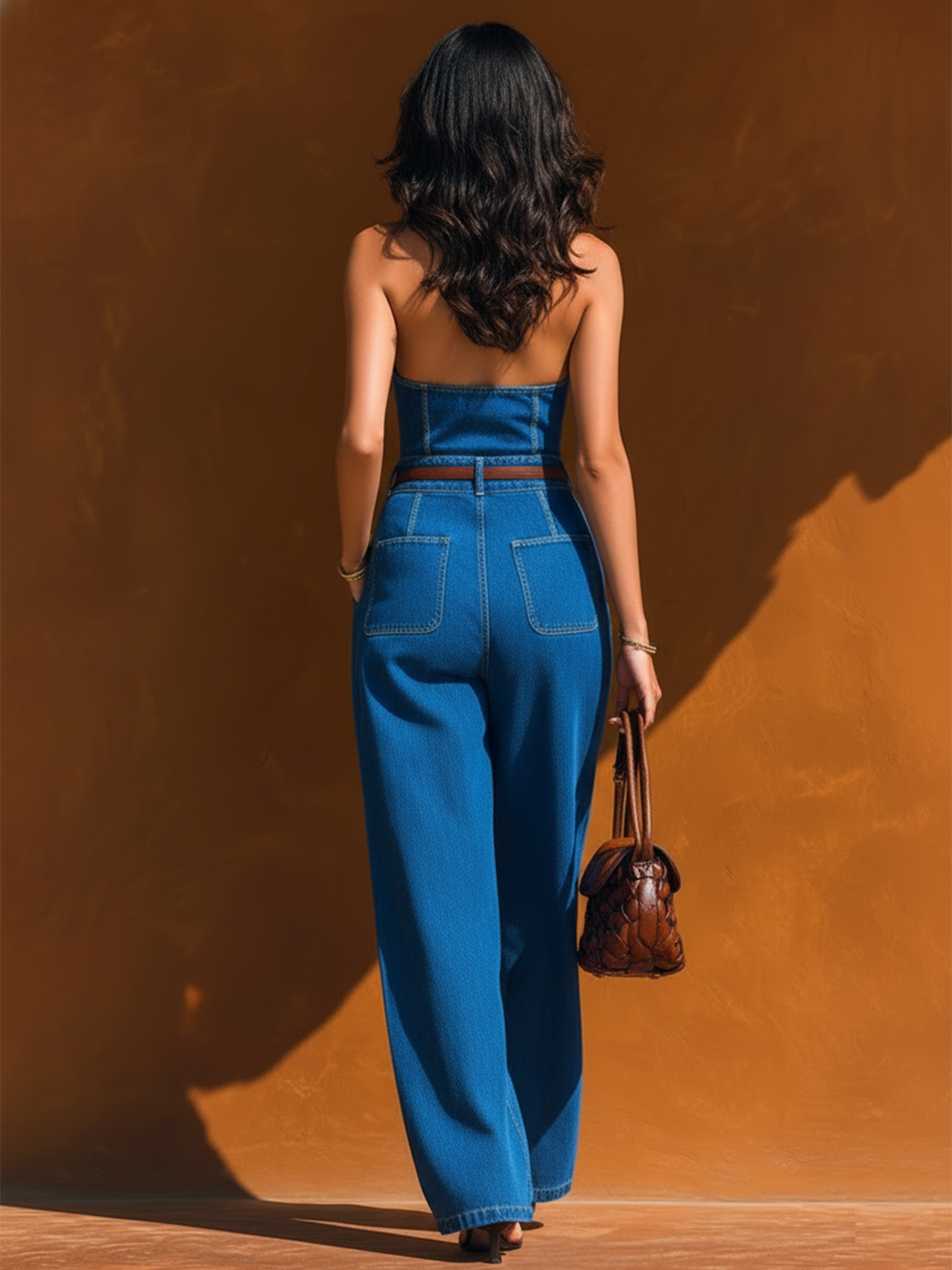 Chic Elegant Blue Halter Lapel Collar V-Neck Sleeveless Slim-Fit Waist Tie Tencel Denim Wide-Leg Jumpsuit