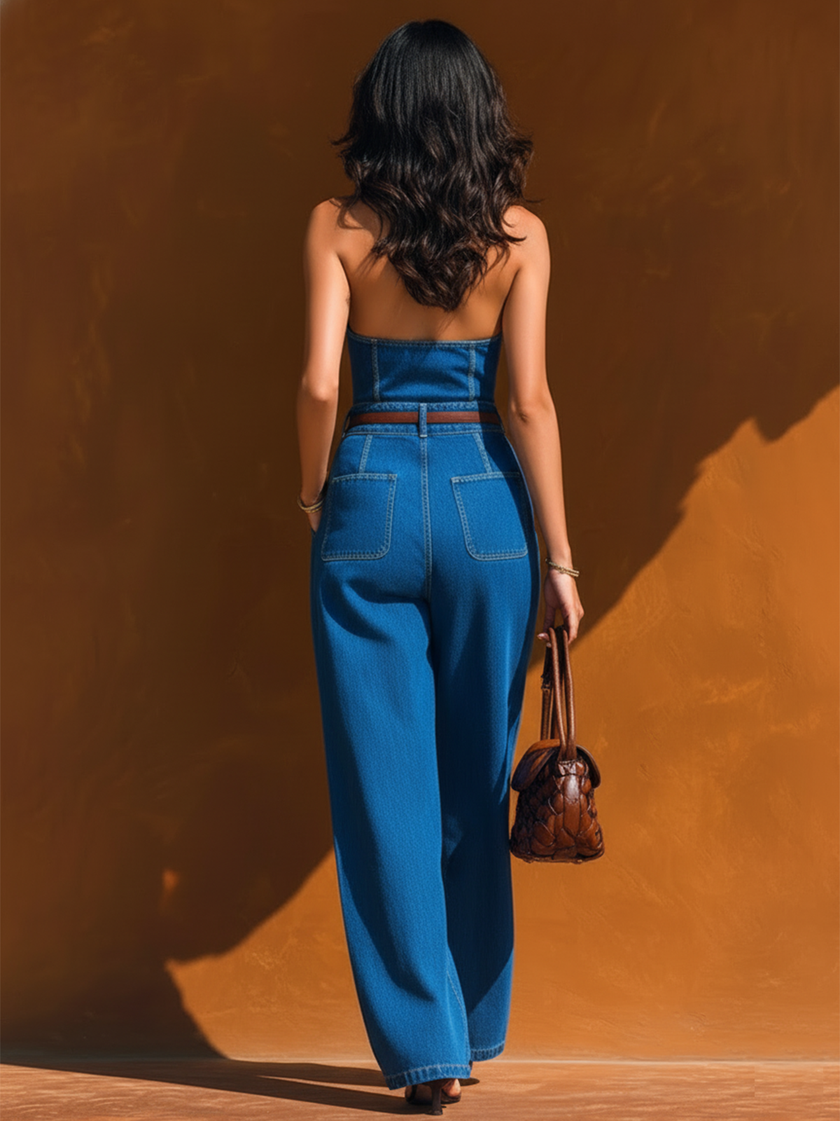 Chic Elegant Blue Halter Lapel Collar V-Neck Sleeveless Slim-Fit Waist Tie Tencel Denim Wide-Leg Jumpsuit