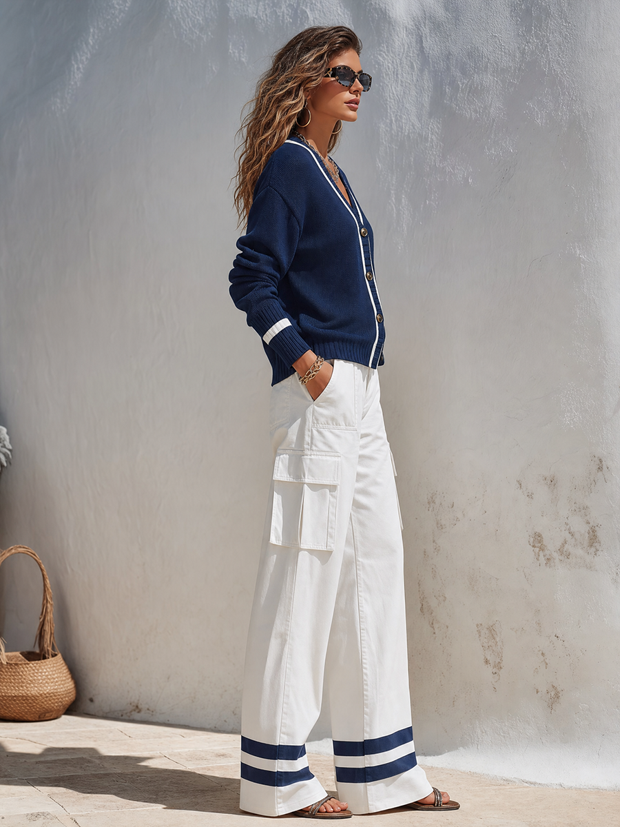 Retro Casual Color-blocked Striped Knit Cardigan