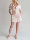 Chic Elegant Pink White Striped Collared Button-Down Belt Short-Sleeve Loose Cotton-Linen Blend Mini Dress