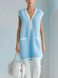 Chic Casual Blue Zip-Up V-Collar Sleeveless Contrast Trim Details Oversized Knit Mini Dress