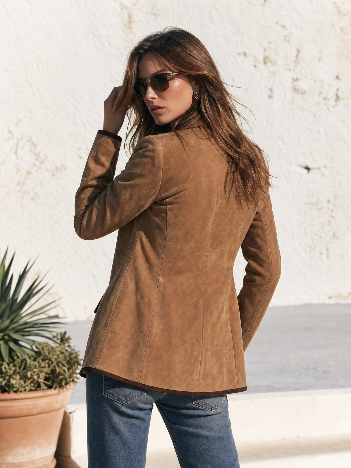Retro-style Color-blocked Trim Multi-pocket Faux Suede Blazer