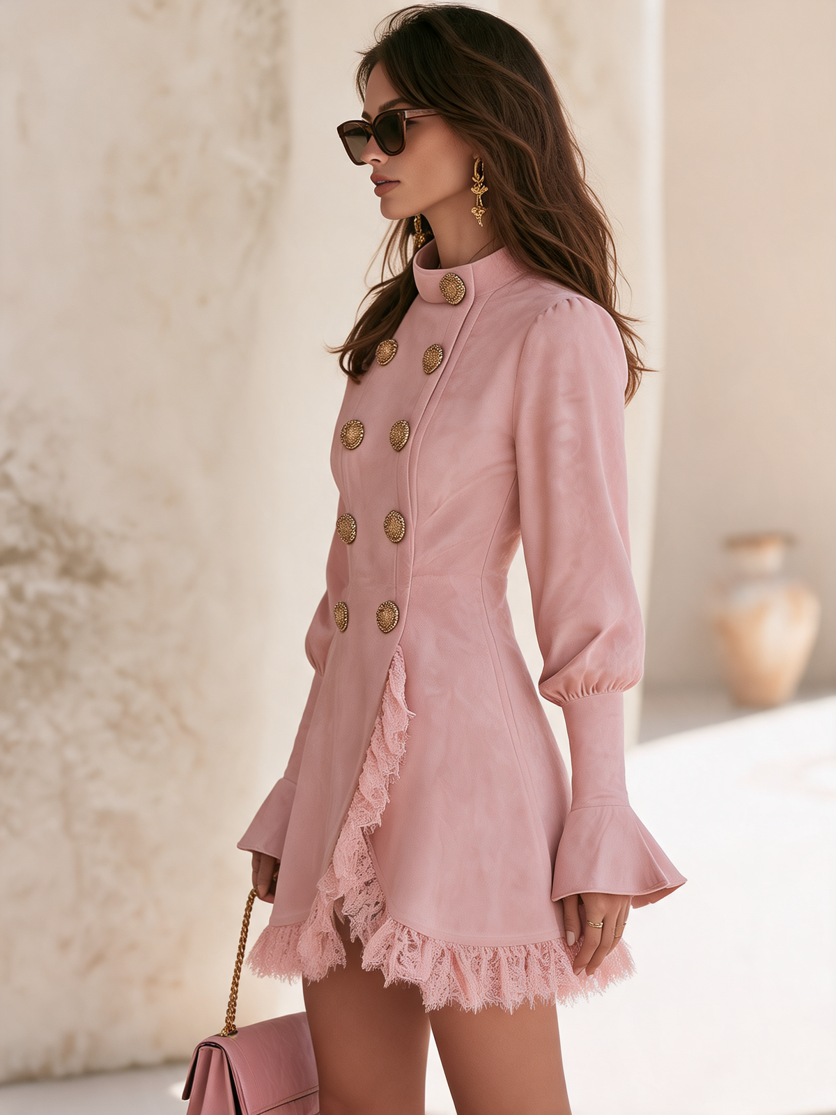 Elegant Mock-Neck Double-Breasted Lace Trim Faux Suede Mini Dress