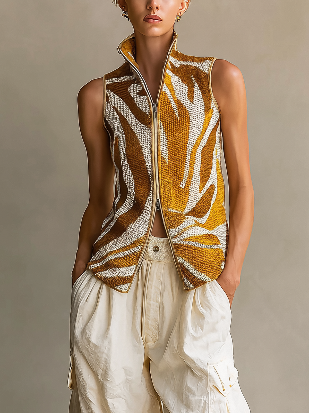Chic Vintage Yellow-White Colorblock Jacquard Stand-Collar Sleeveless Zipper-Front Knit Vest