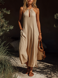 Chic Elegant Apricot Halter Sleeveless Cutout Detail Loose Cotton-Linen Blend Midi Dress